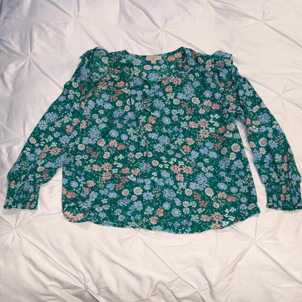 LOFT Green Floral Top with Pink and Blue Accents